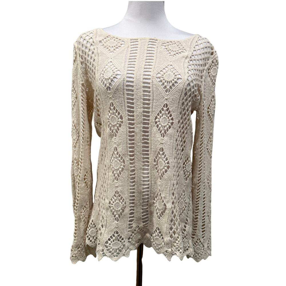 Francesca's Cream Crochet Lace Knit Boho Bell Sleeve Top Medium Indie Coverup